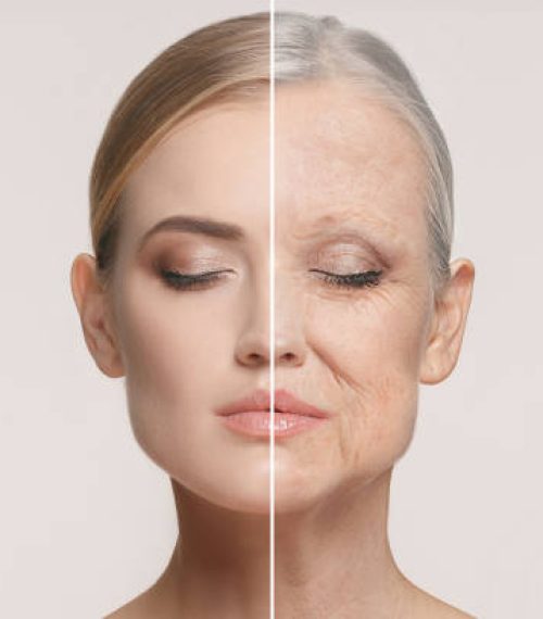 Comparison. Portrait of beautiful woman with problem and clean skin, aging and youth concept, beauty treatment and lifting. Before and after concept. Youth, old age. Process of aging and rejuvenation